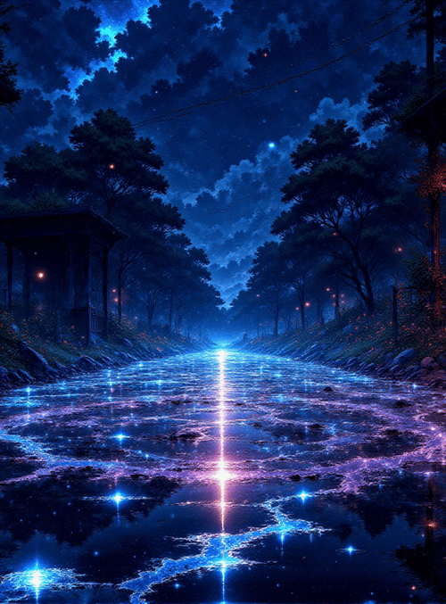 road, houses, trees, stars, water, lights, moon, flowers, steps, clouds