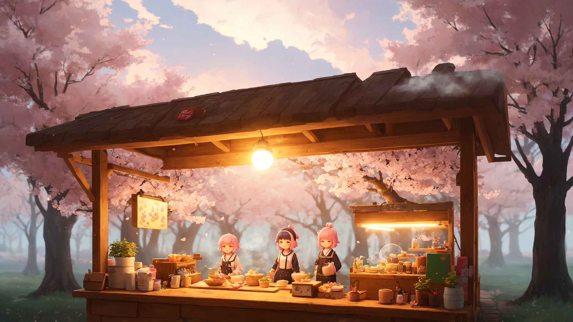 AI generated wallpaper featuring food stall, cherry blossoms, girls, wooden hut, pastries, tea, plants, signboard, light, sky
