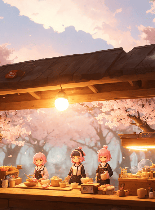 food stall, cherry blossoms, girls, wooden hut, pastries, tea, plants, signboard, light, sky