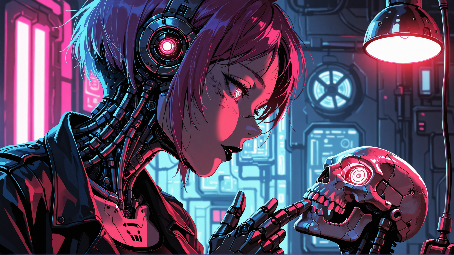AI generated wallpaper featuring cyborg, robot, skull
