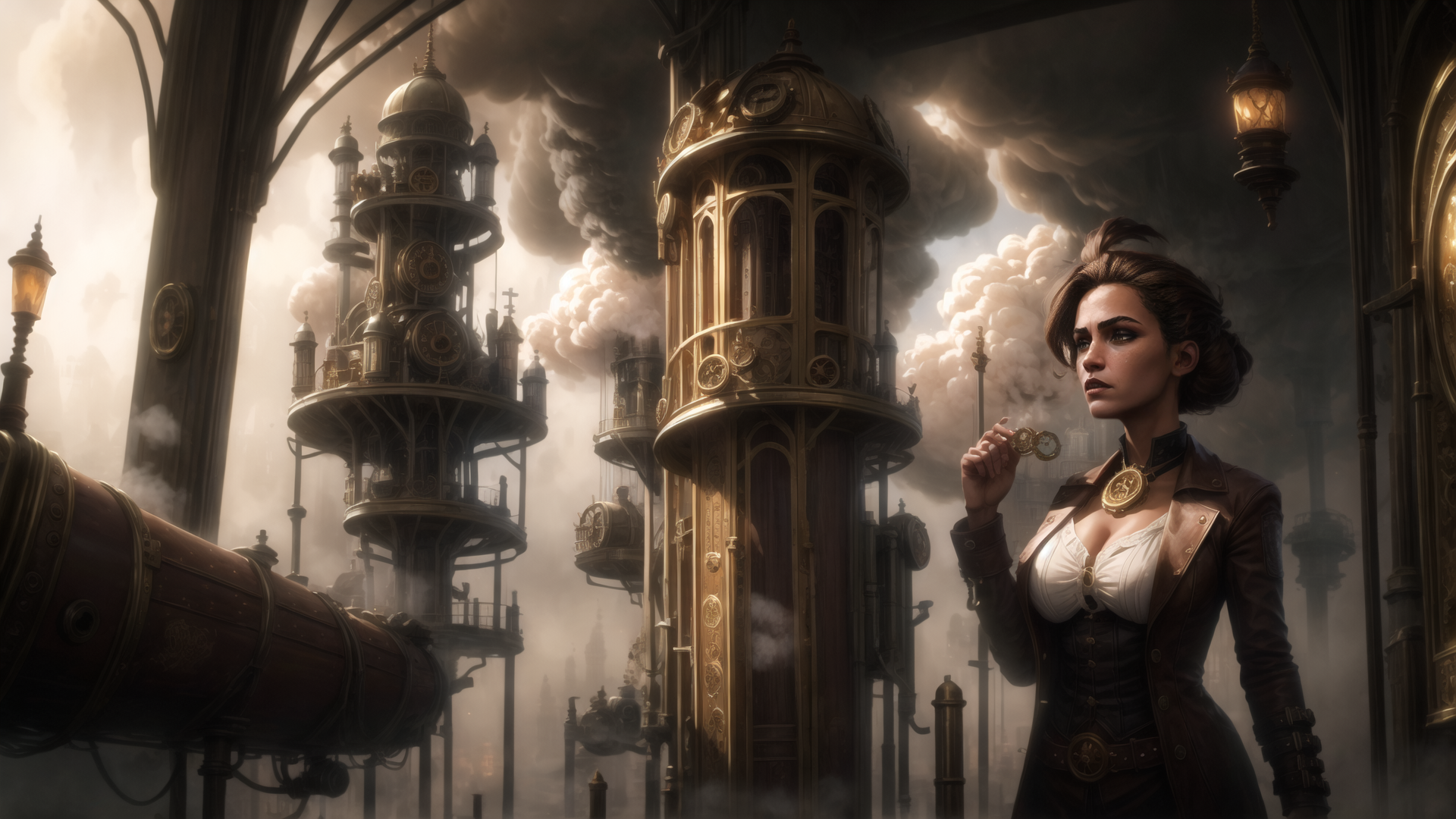AI generated wallpaper featuring woman, steampunk, clock tower