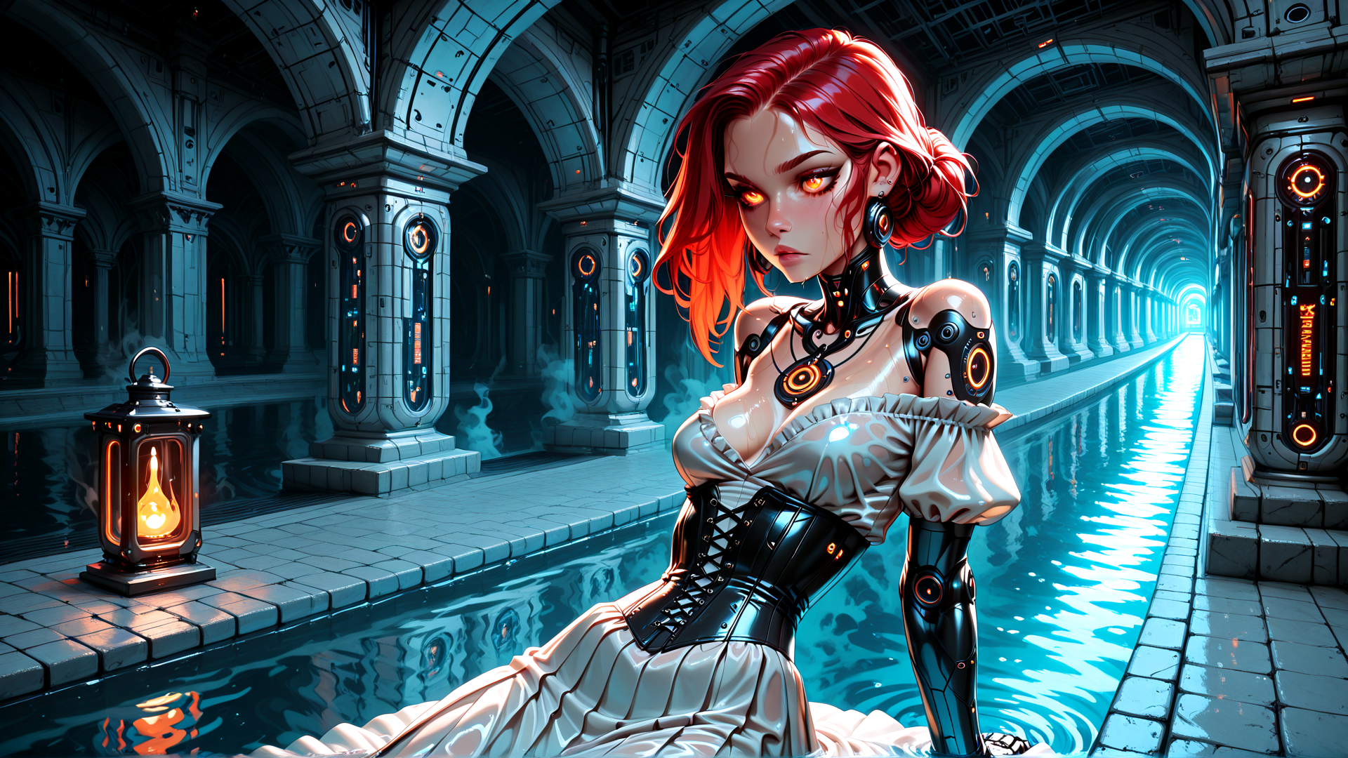 AI generated wallpaper featuring woman, cyborg, lady, dress, lantern, arches, water, corpses, columns, gears