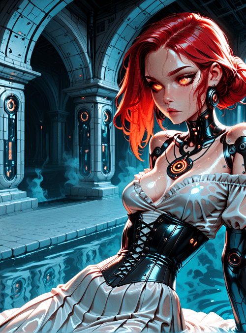 woman, cyborg, lady, dress, lantern, arches, water, corpses, columns, gears