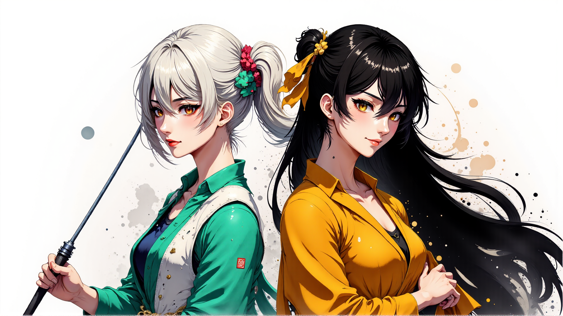 AI generated wallpaper featuring girls, anime, characters, women, stylized, dual, figures, fashion, manga, artwork