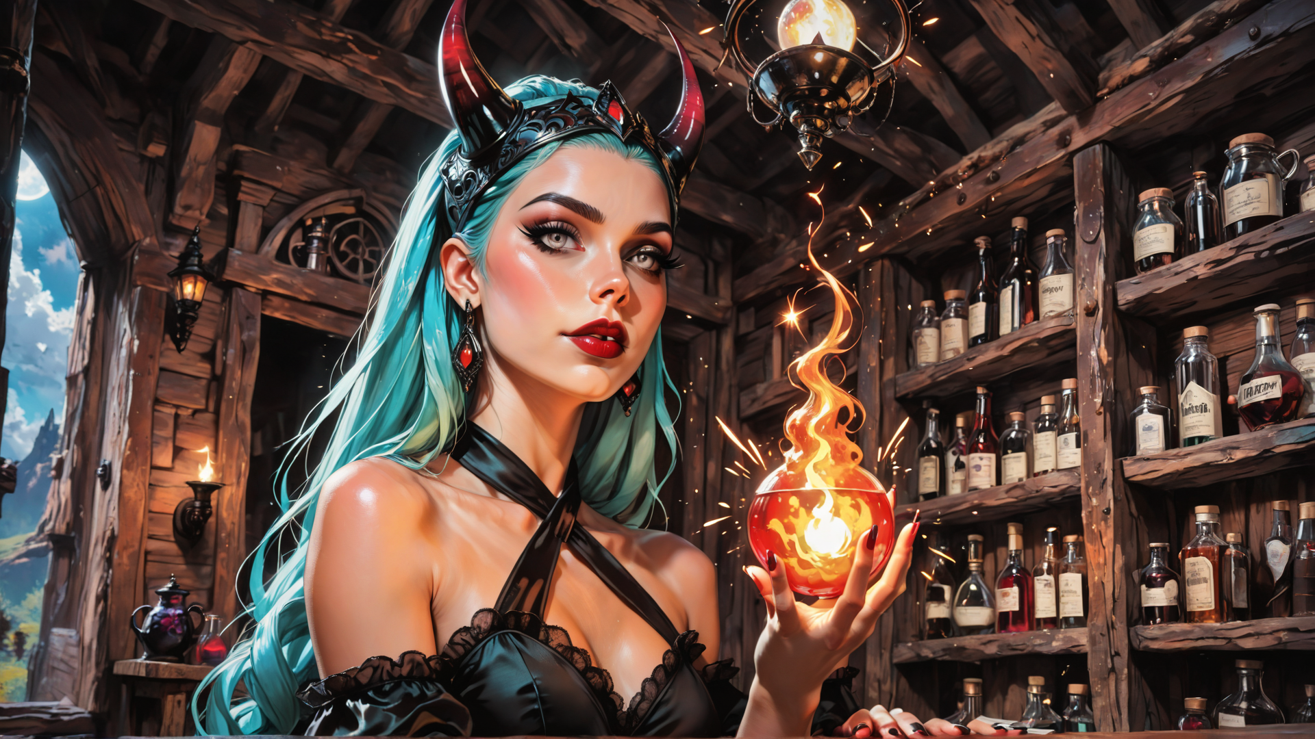 AI generated wallpaper featuring woman, horned, witch, alchemist, bottle, flame, cauldron, wooden, shelves, sparks