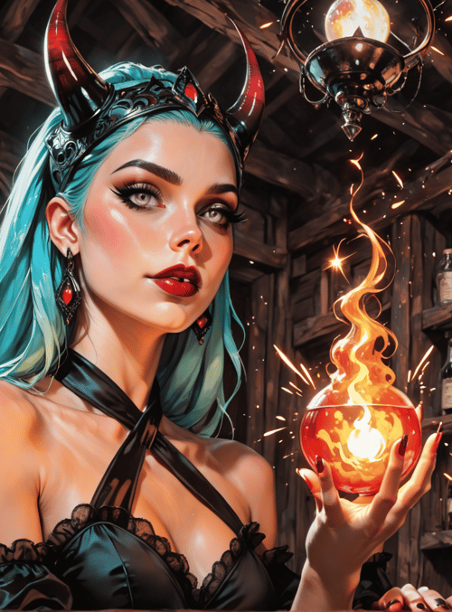 woman, horned, witch, alchemist, bottle, flame, cauldron, wooden, shelves, sparks