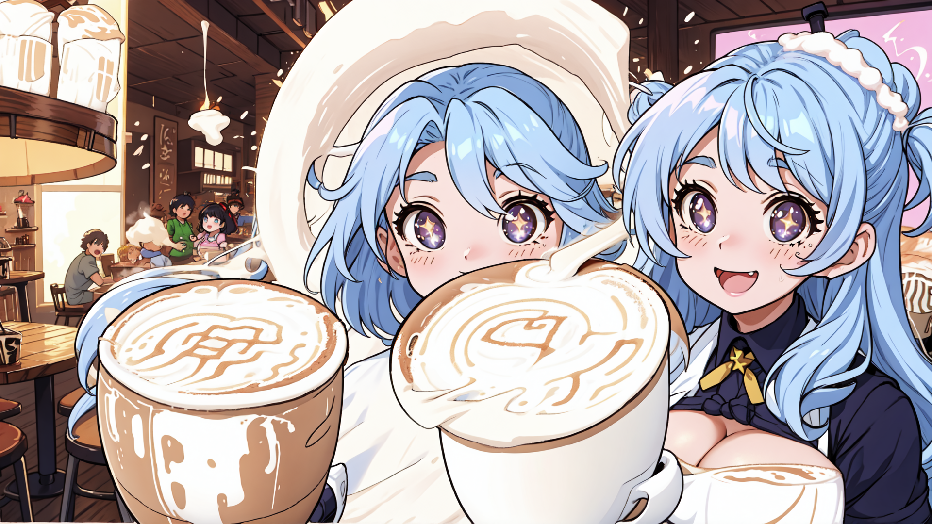 AI generated wallpaper featuring anime girls, coffee cups, cafe, milk foam, cappuccino