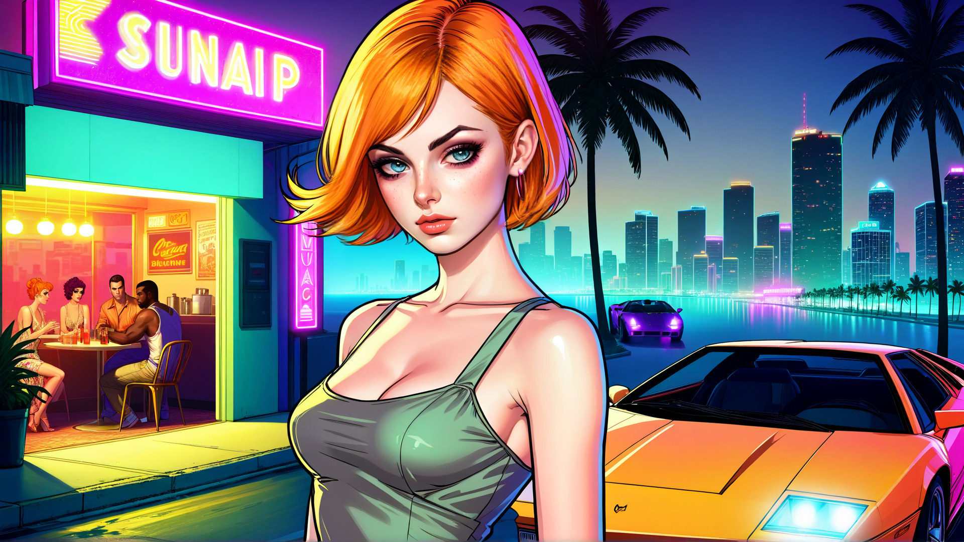 AI generated wallpaper featuring woman, car, city, palm tree, neon sign