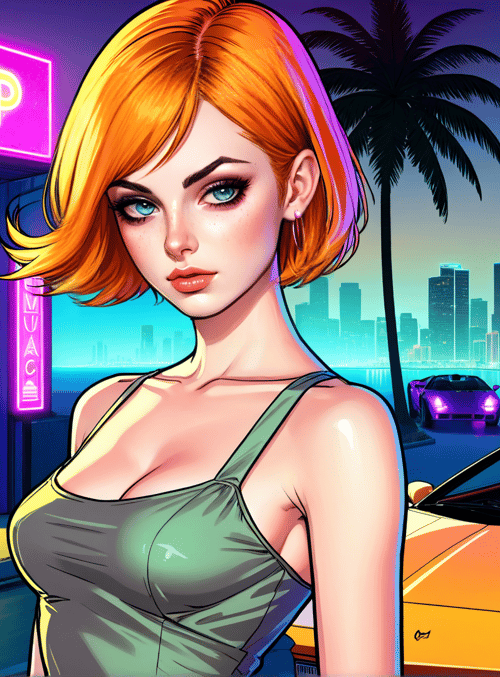 woman, car, city, palm tree, neon sign