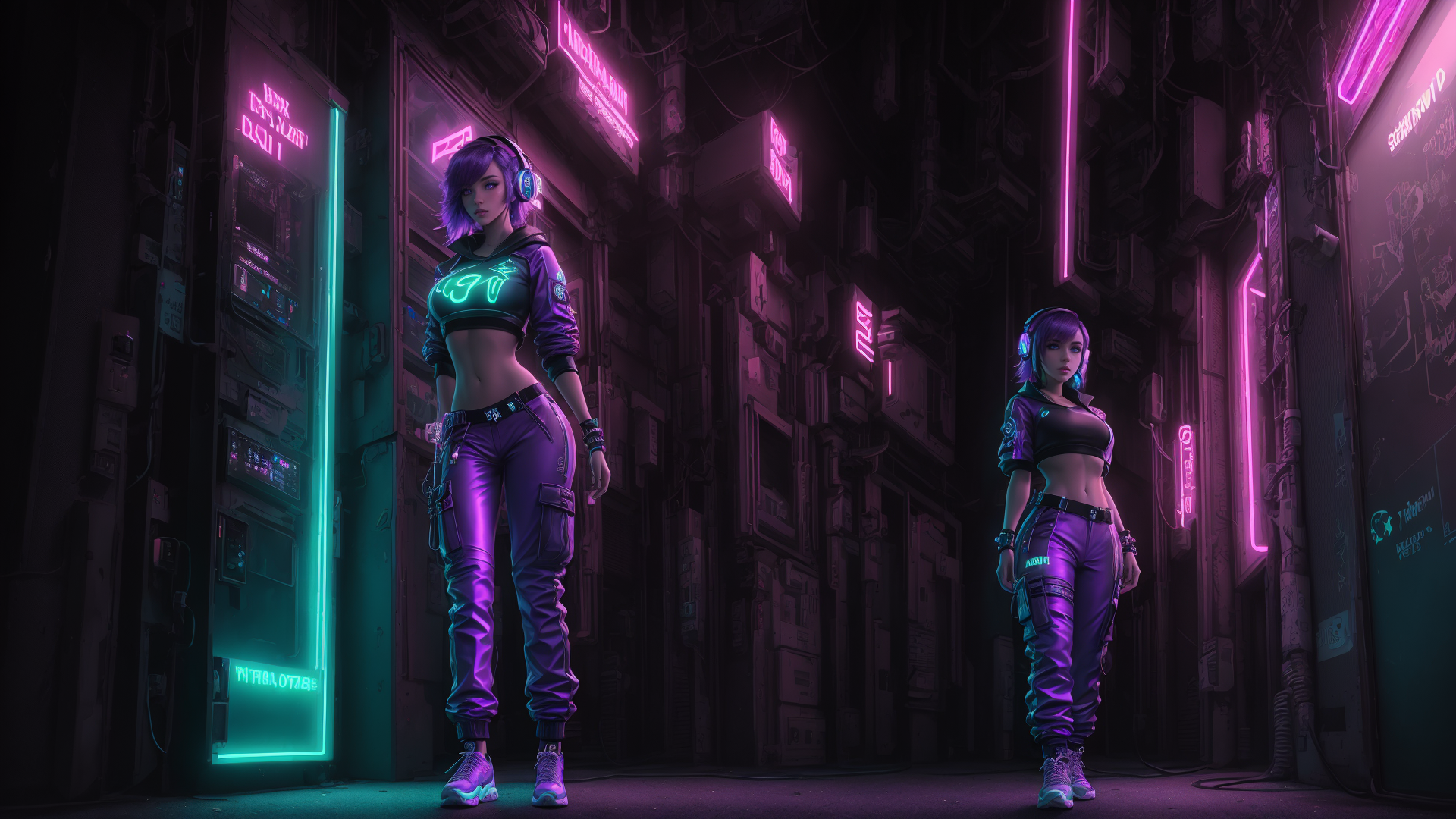 AI generated wallpaper featuring women, neon, cyberpunk