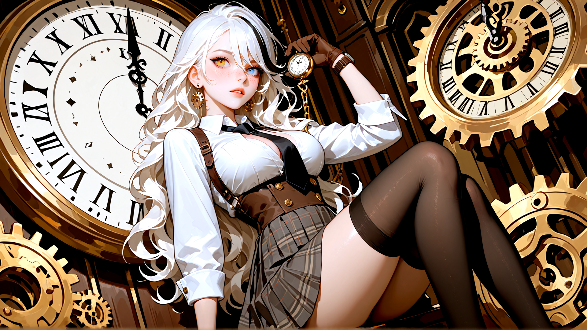 AI generated wallpaper featuring woman, clock, gears, gloves, scales, suspenders, skirt, hosiery, watches, earrings