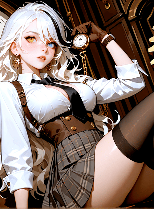 woman, clock, gears, gloves, scales, suspenders, skirt, hosiery, watches, earrings