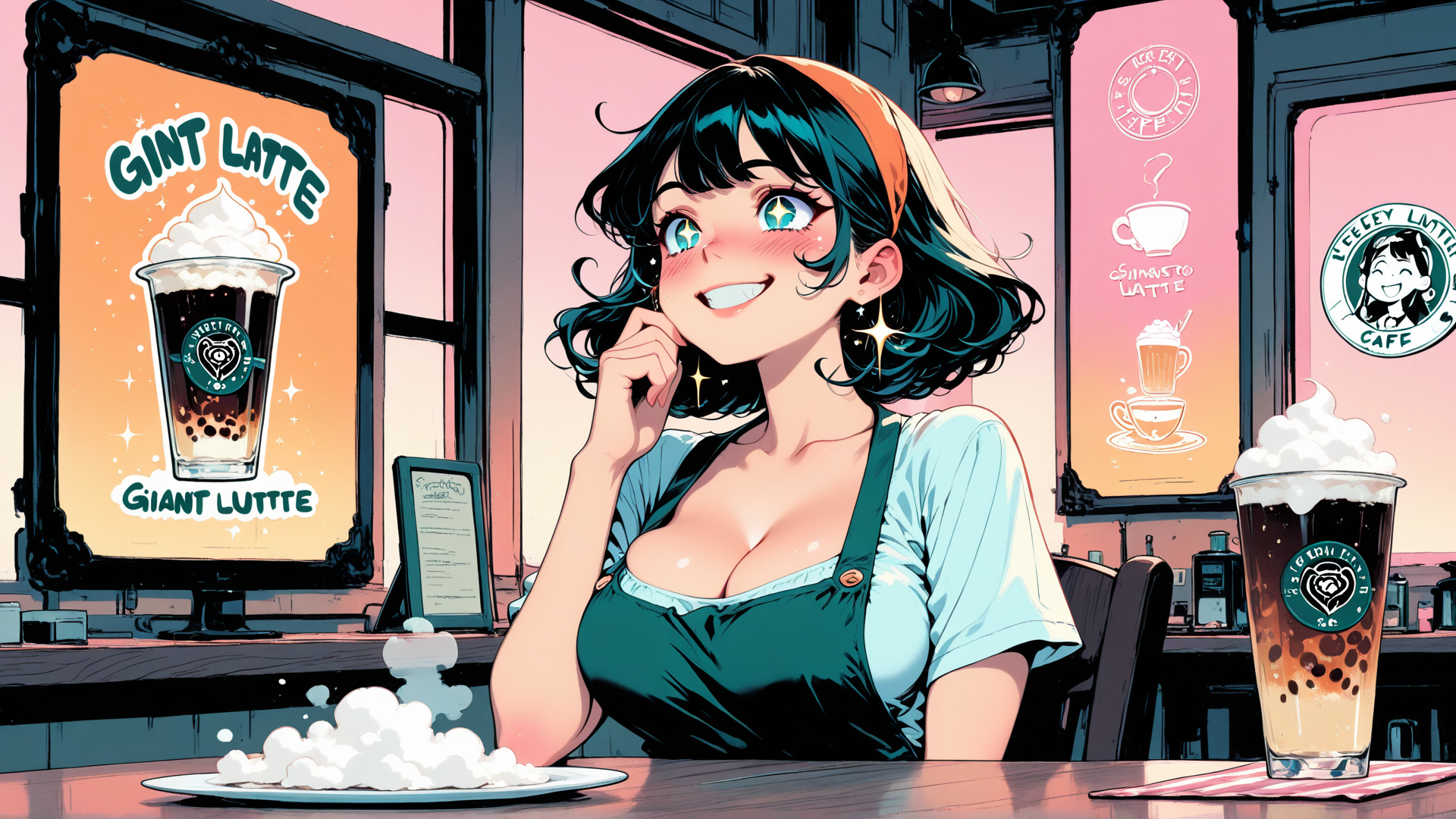 AI generated wallpaper featuring woman, barista, coffee, latte, cup, plate, cafe, apron, poster, bubble