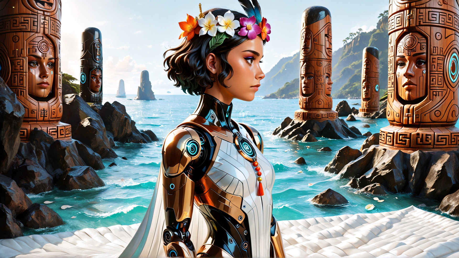 AI generated wallpaper featuring woman, robot, statue, flower, beach, ocean