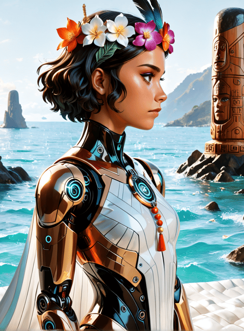 woman, robot, statue, flower, beach, ocean