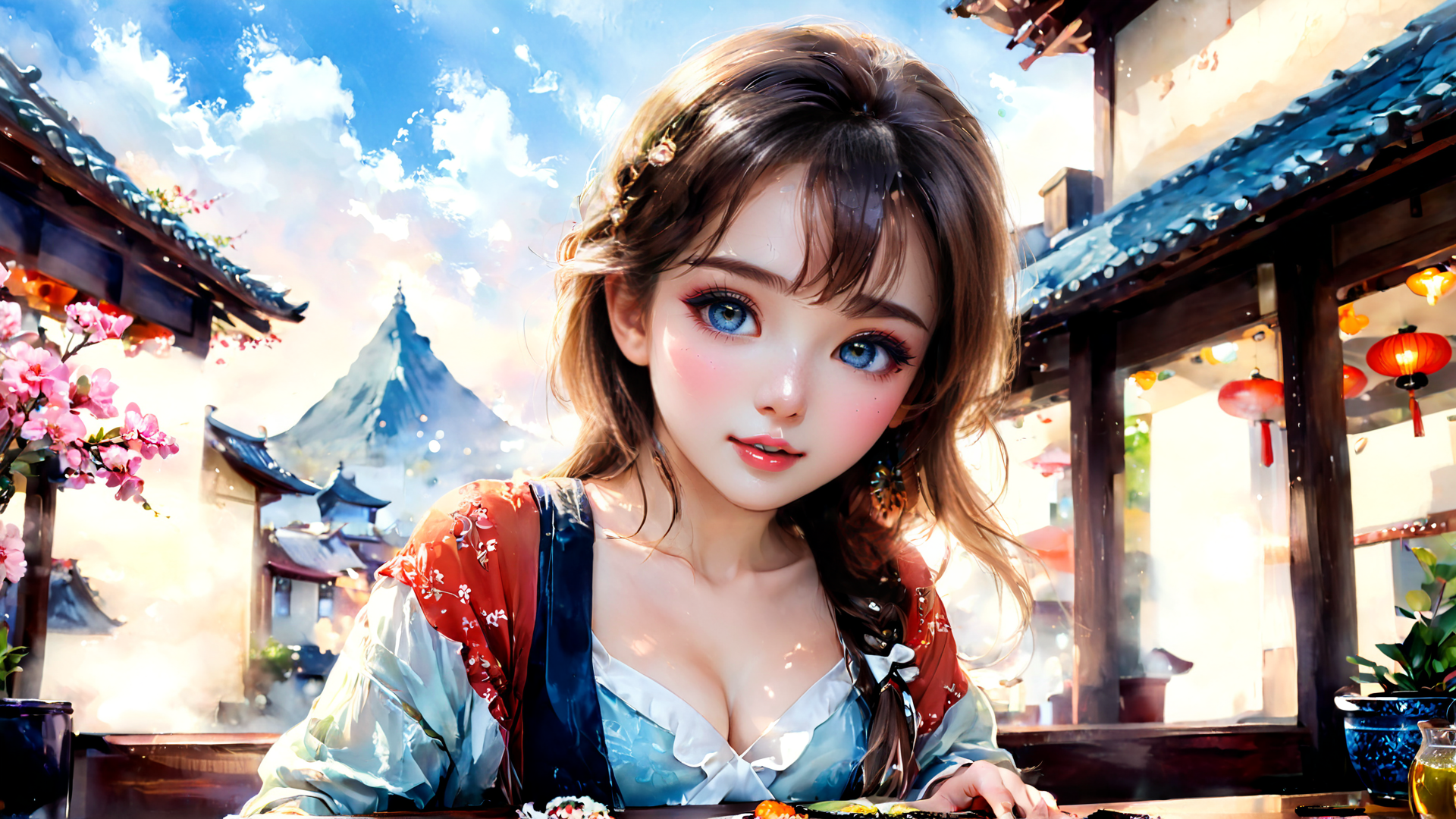 AI generated wallpaper featuring woman, traditional dress, han, sushi