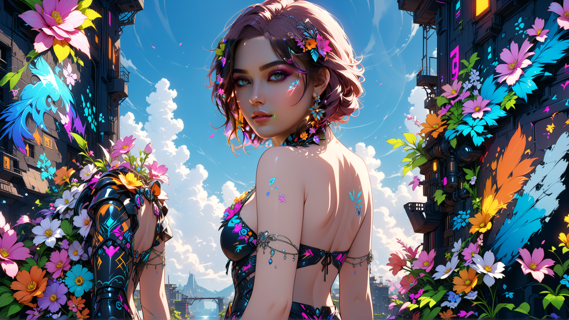 AI generated wallpaper featuring woman, flowers, city