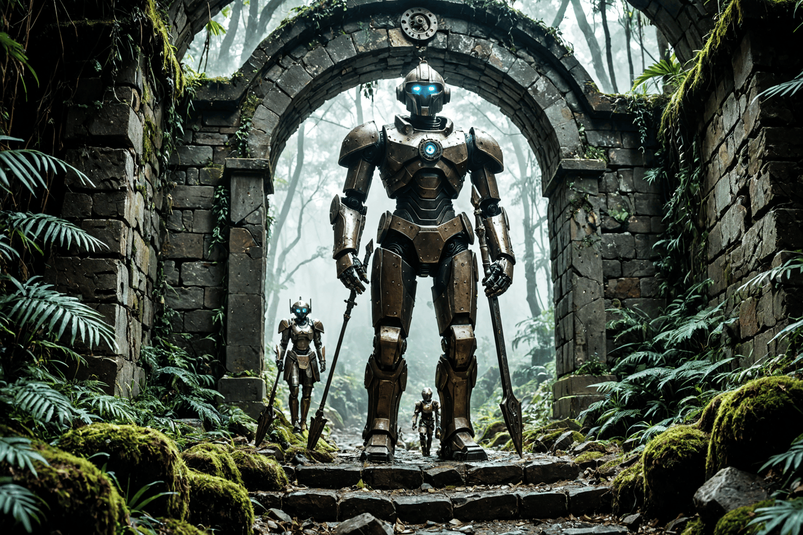 AI generated wallpaper featuring robot, stone arch, forest