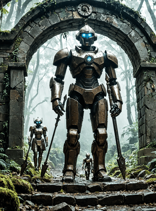 robot, stone arch, forest