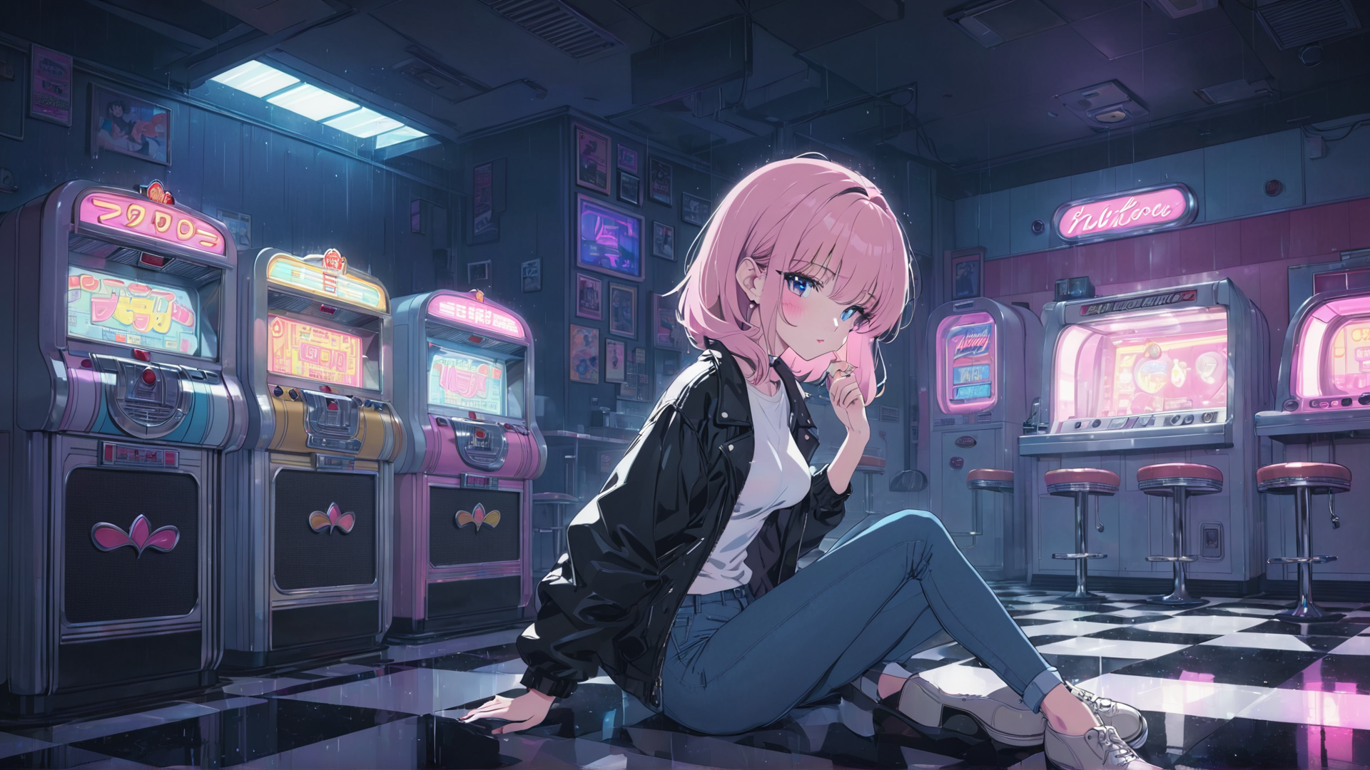 AI generated wallpaper featuring girl, arcade, pinball