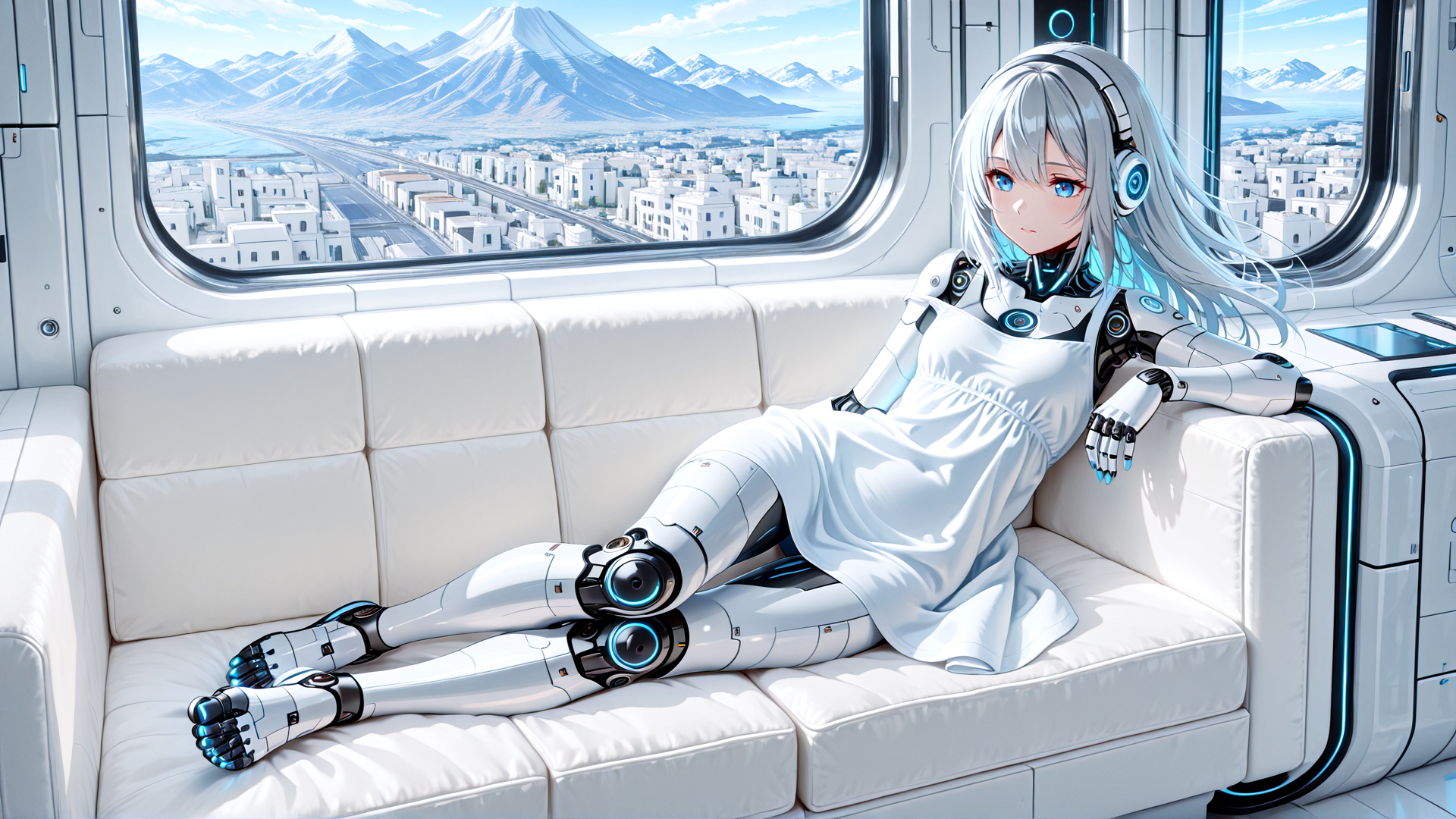 AI generated wallpaper featuring robot, anime girl, train, sofa, mountains, cityscape, headphones, dress, futuristic, window