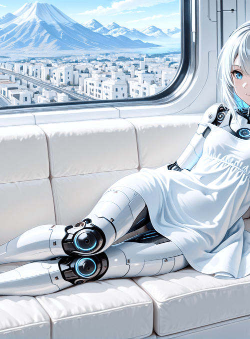 robot, anime girl, train, sofa, mountains, cityscape, headphones, dress, futuristic, window
