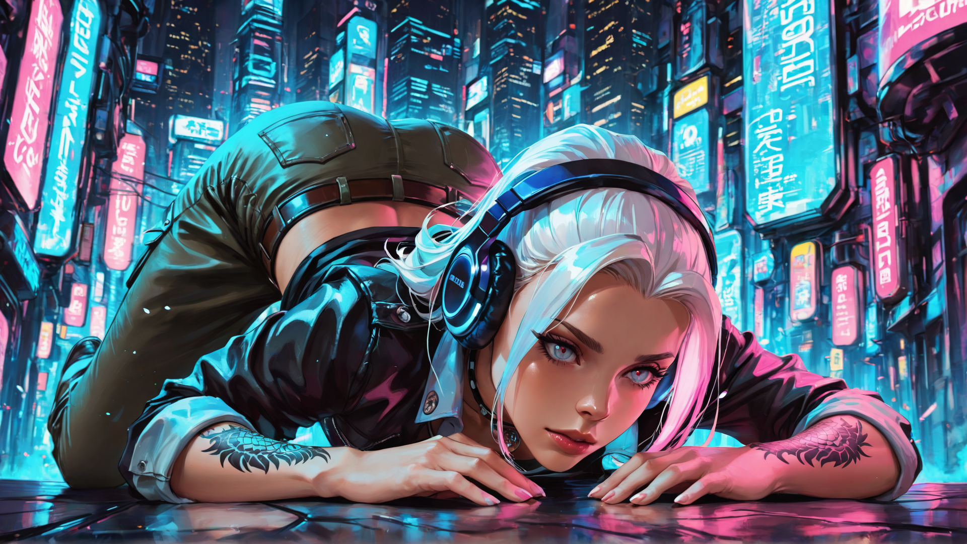 AI generated wallpaper featuring woman, headphones, city, neon, tattoo, jacket, bustier, urban, cyberpunk, signs