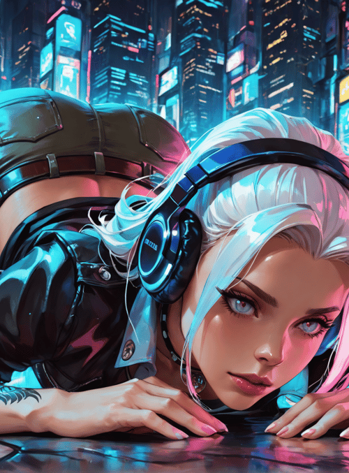 woman, headphones, city, neon, tattoo, jacket, bustier, urban, cyberpunk, signs