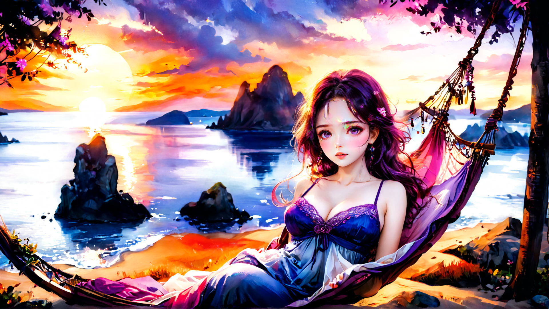 AI generated wallpaper featuring woman, sunrise, ocean