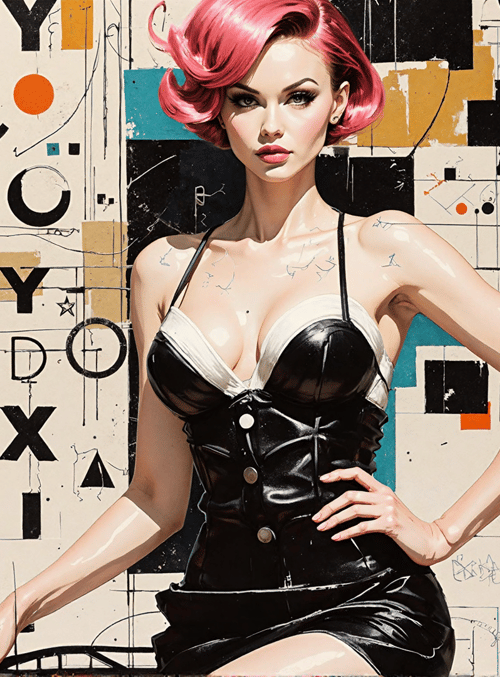 woman, pink hair, leather dress, ink, graphic art