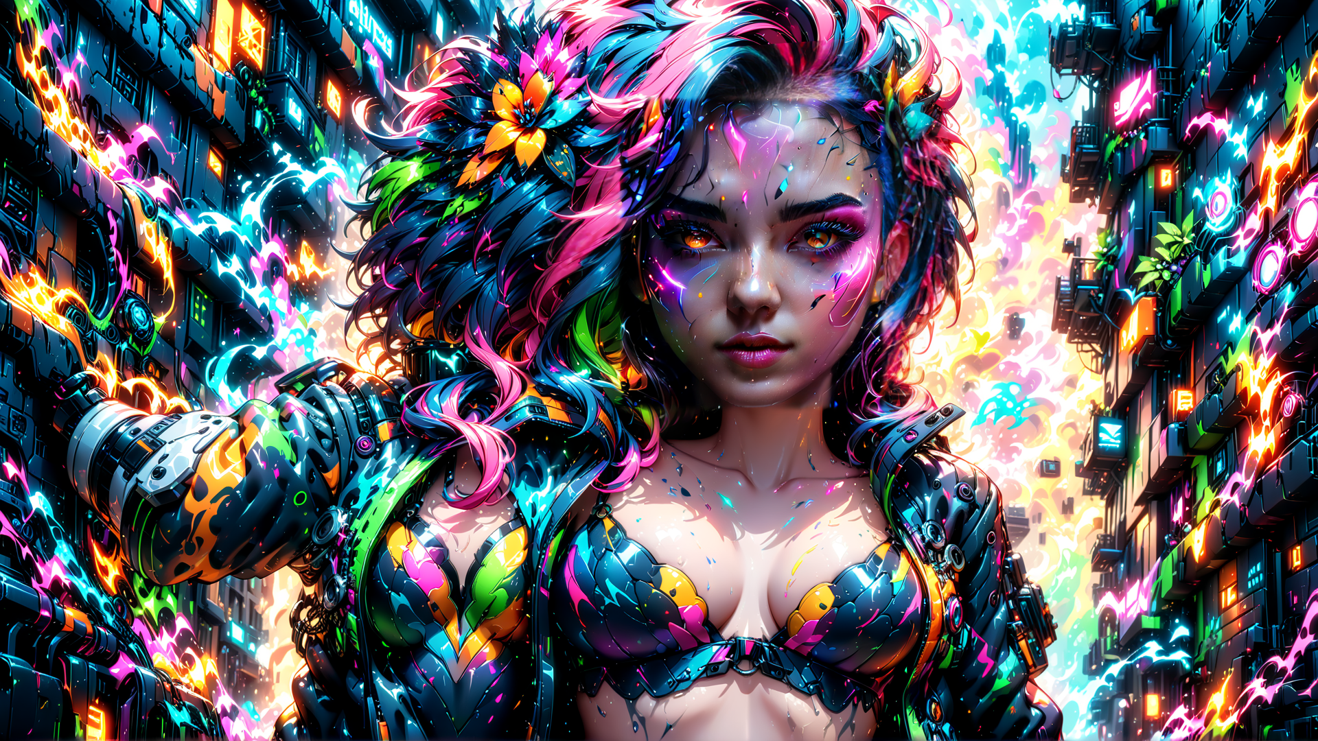 AI generated wallpaper featuring cyborg, woman, neon
