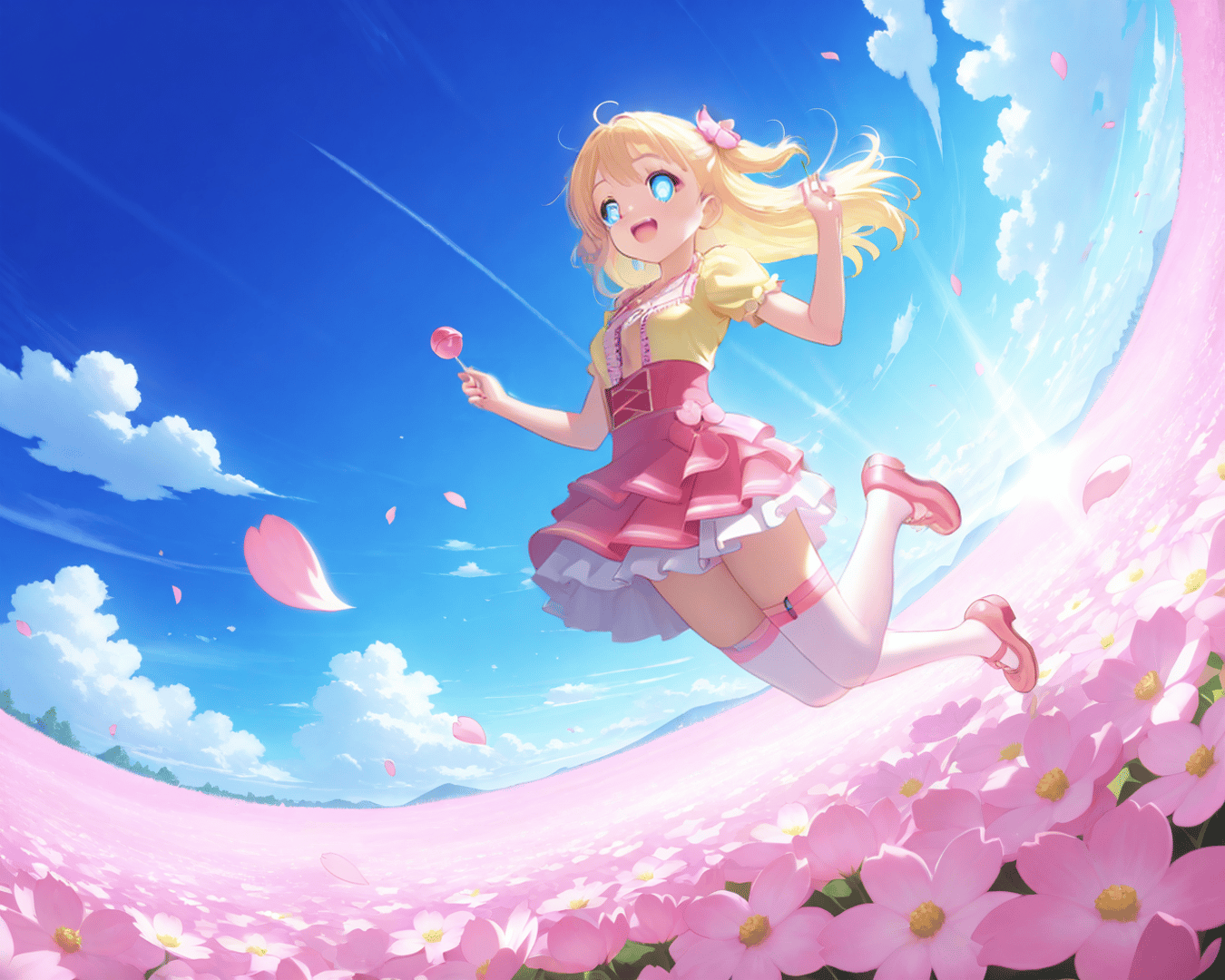 AI generated wallpaper featuring girl, lollipop, flowers
