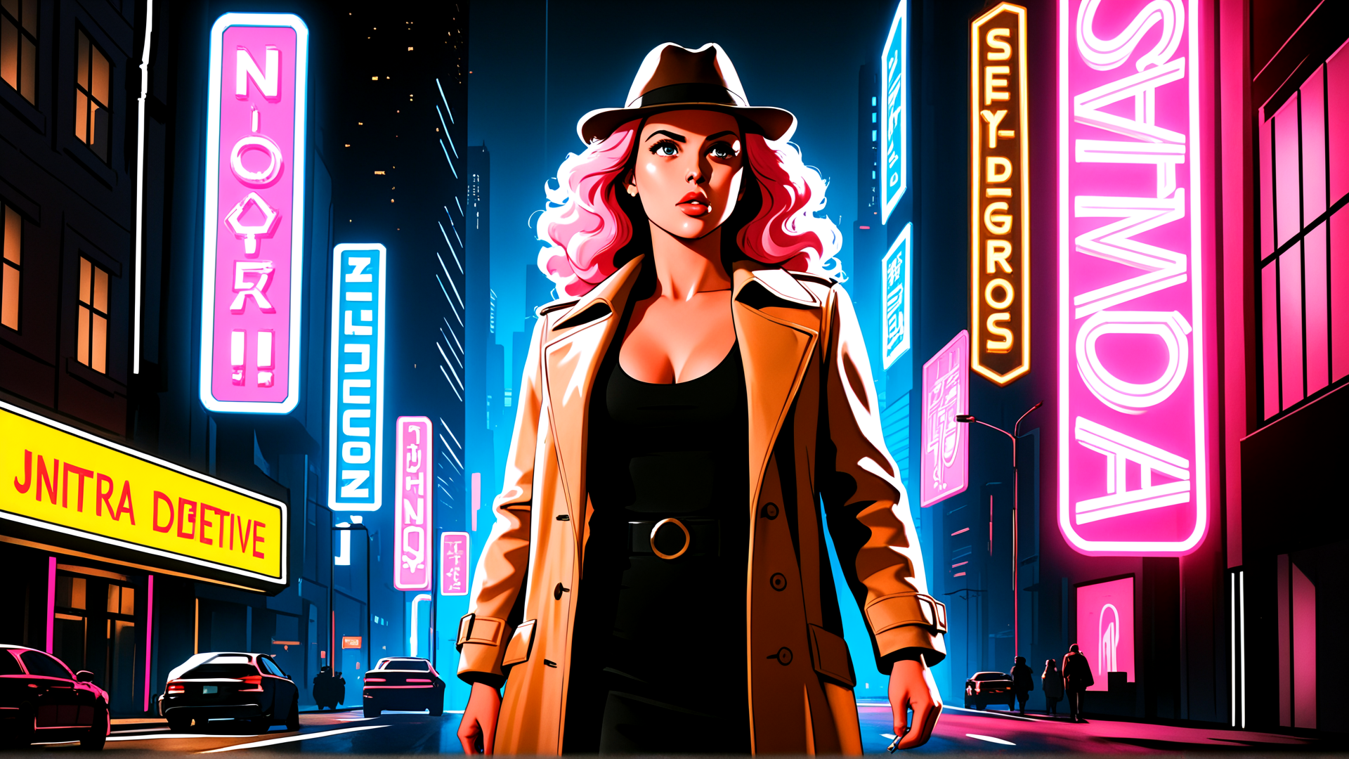 AI generated wallpaper featuring woman, neon, city, street, sign, car, hat, coat