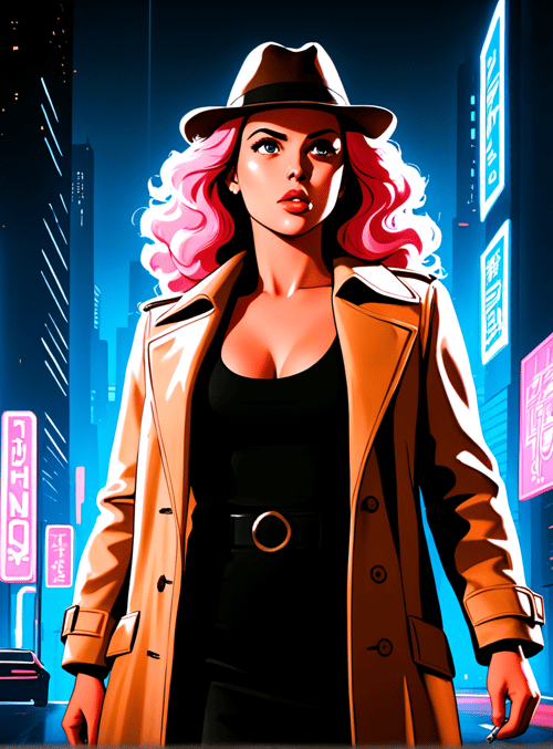 woman, neon, city, street, sign, car, hat, coat