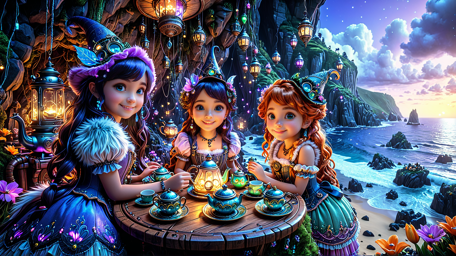 AI generated wallpaper featuring girls, teapot, luminous
