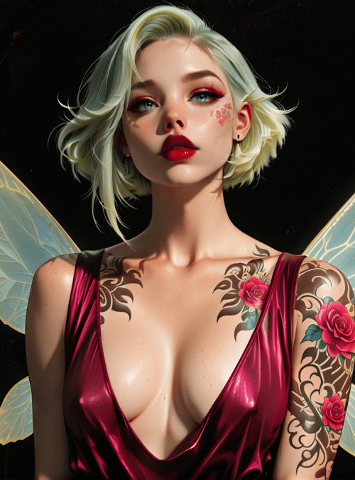fairy, woman, tattoo, poster, wing, dress, hair, portrait, building, poster