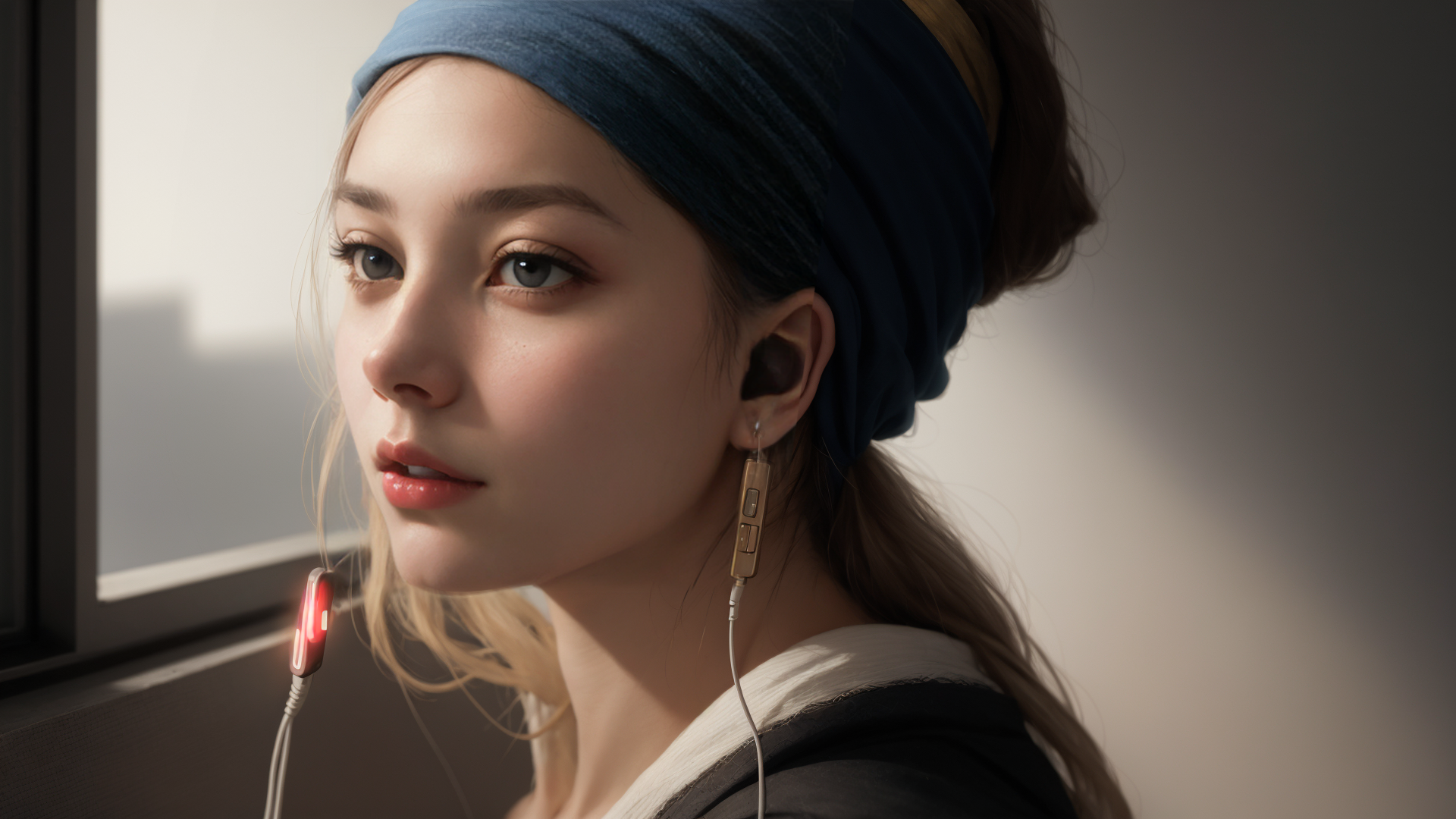 AI generated wallpaper featuring woman, earphones, window