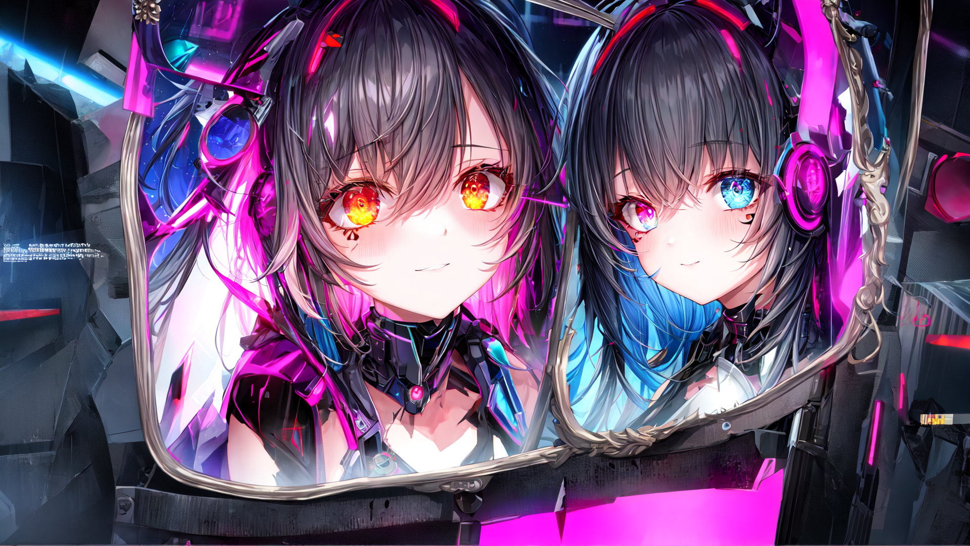 AI generated wallpaper featuring anime girl, cyberpunk, mirror, headphones, goggles