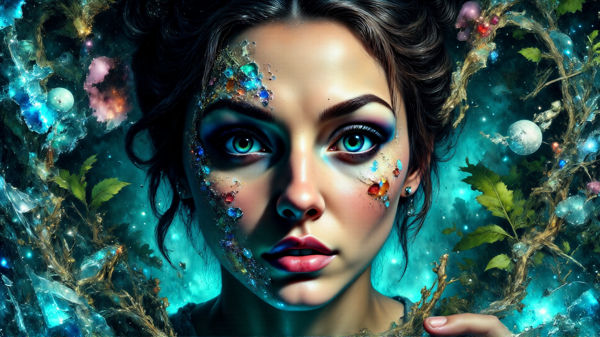 AI generated wallpaper featuring woman, crystals, galaxy, plants, glasses, moon, branches, leaves, jewels, cosmos