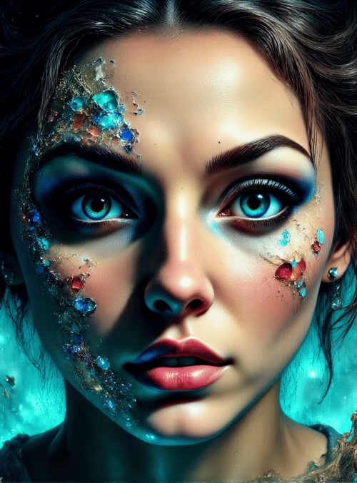 woman, crystals, galaxy, plants, glasses, moon, branches, leaves, jewels, cosmos