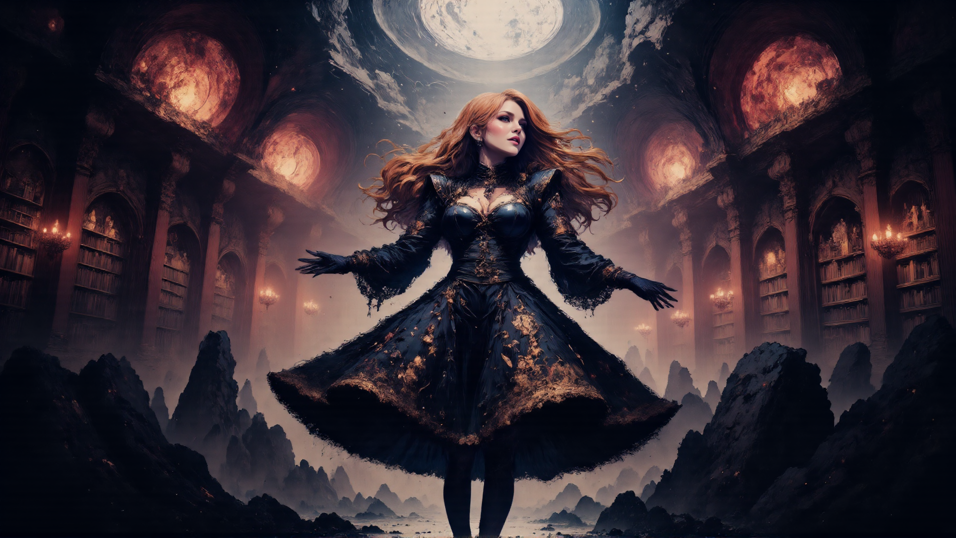 AI generated wallpaper featuring woman, dress, library