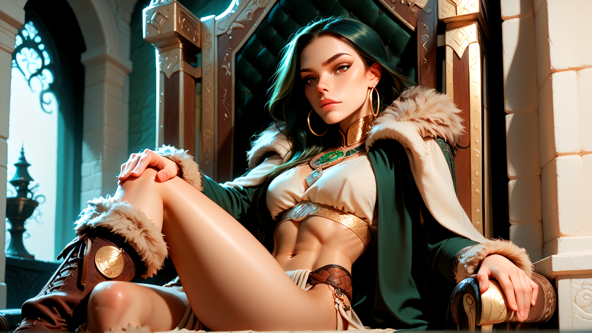 AI generated wallpaper featuring woman, queen, warrior, noble, scepter, armor, boots, cape, earrings, jewelry
