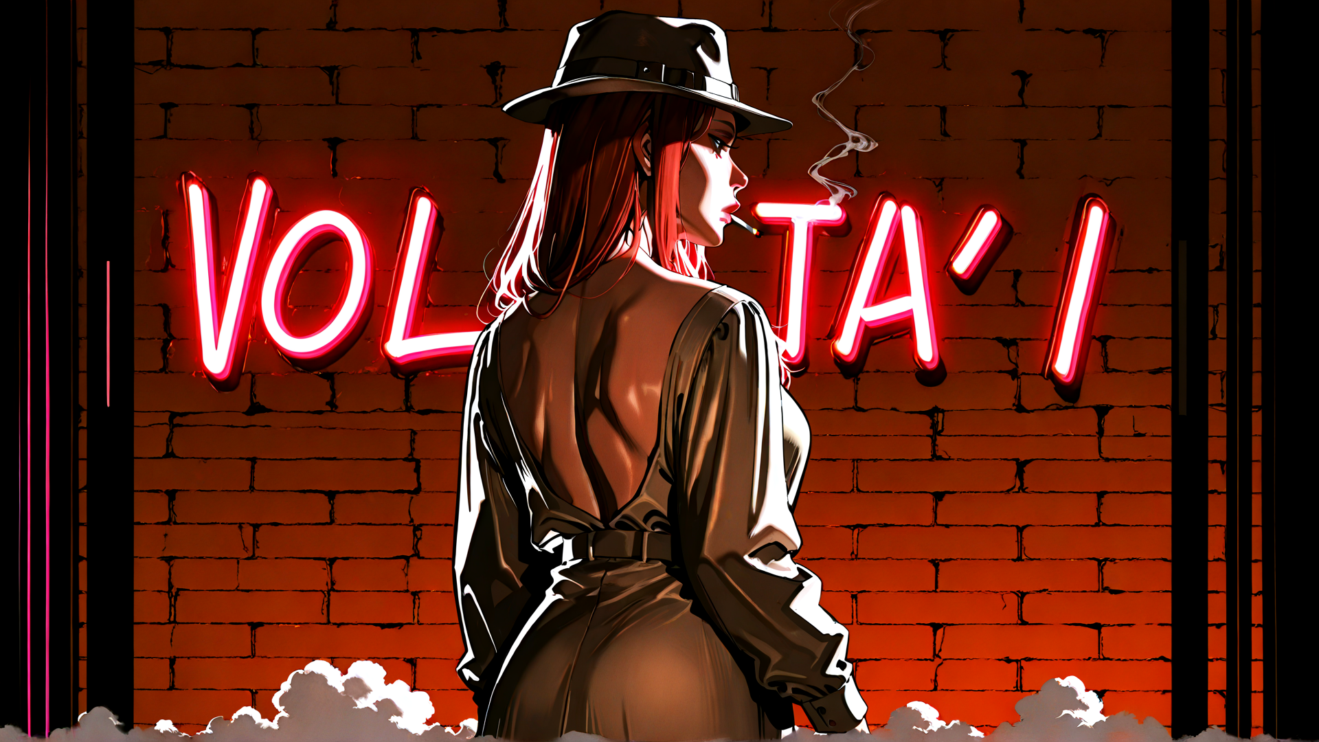 AI generated wallpaper featuring woman, neon sign, bricks, hat, cigarette, clouds, dress, smoke