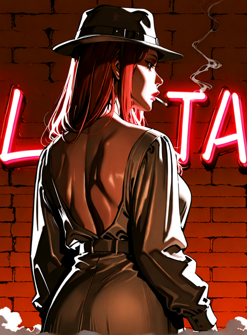 woman, neon sign, bricks, hat, cigarette, clouds, dress, smoke