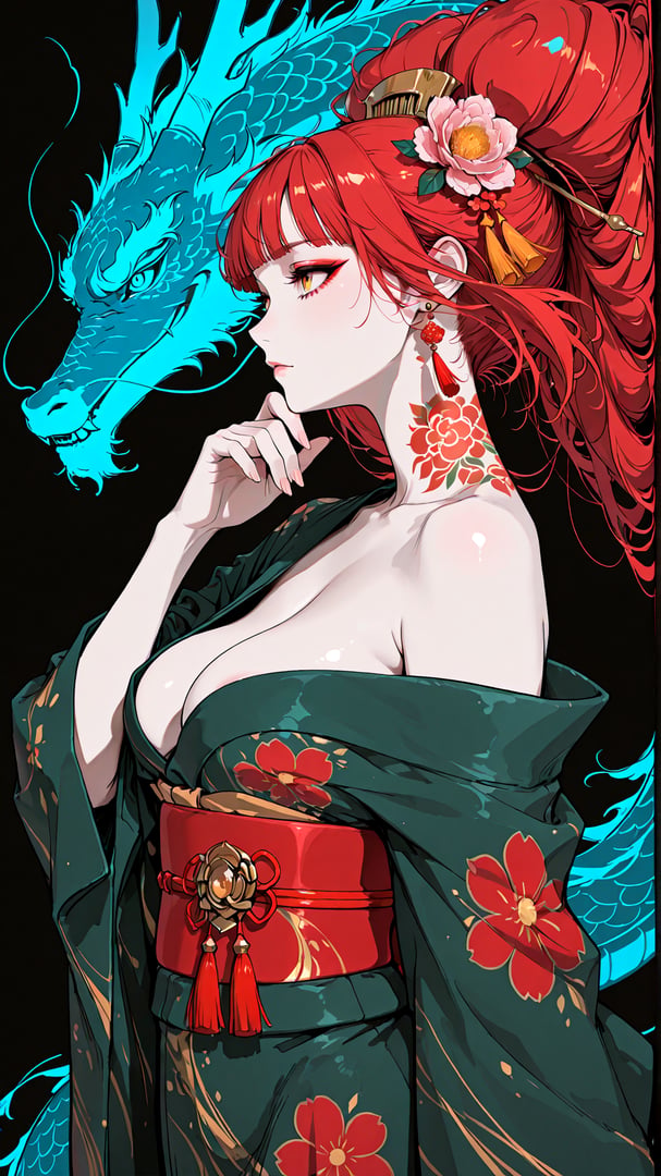 AI generated wallpaper featuring woman, dragon, flower, kimono