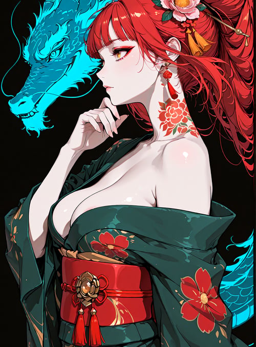 woman, dragon, flower, kimono