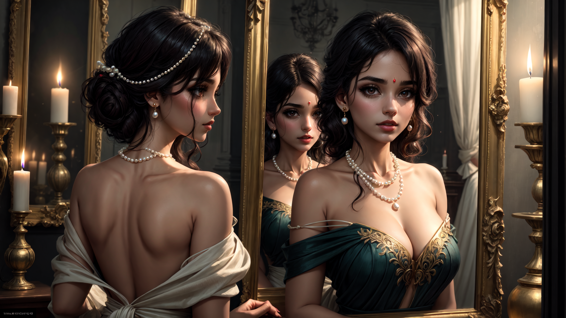 AI generated wallpaper featuring woman, mirror, candle, pearl, dress, chandelier, curtain, jewelry, hair