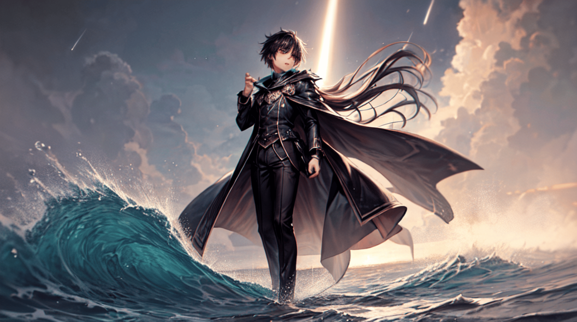 AI generated wallpaper featuring character, wave, cape