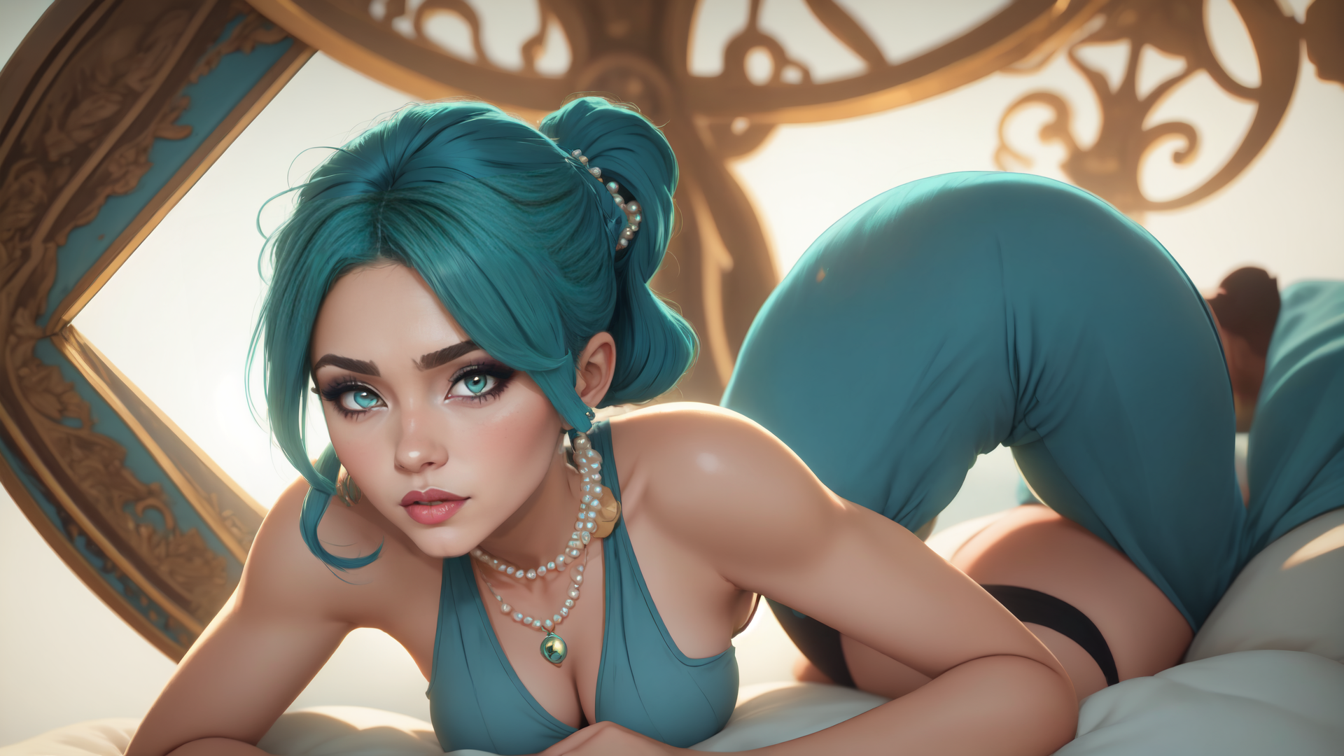 AI generated wallpaper featuring woman, bed, ornate frame