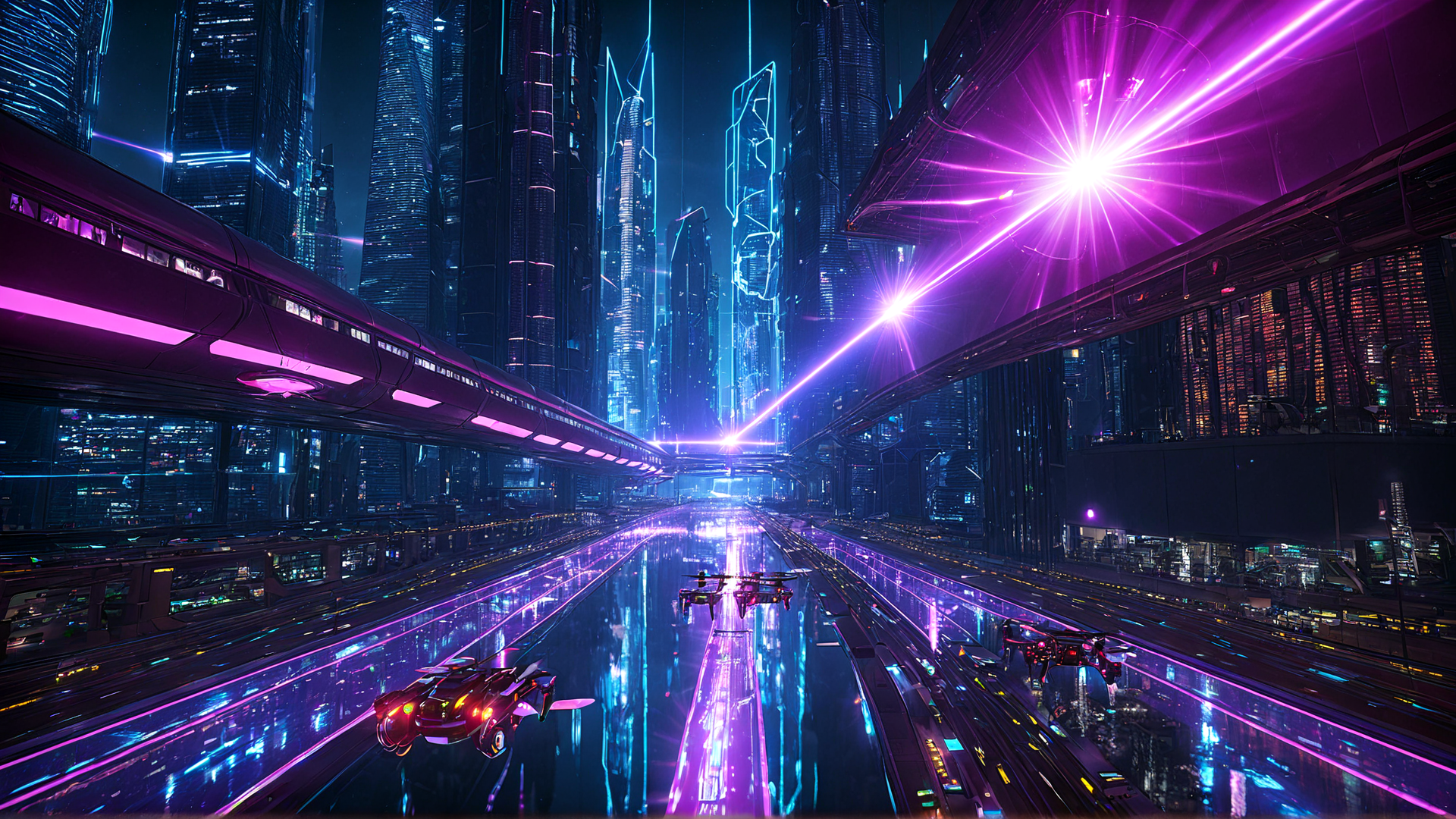 AI generated wallpaper featuring city, futuristic vehicles, buildings